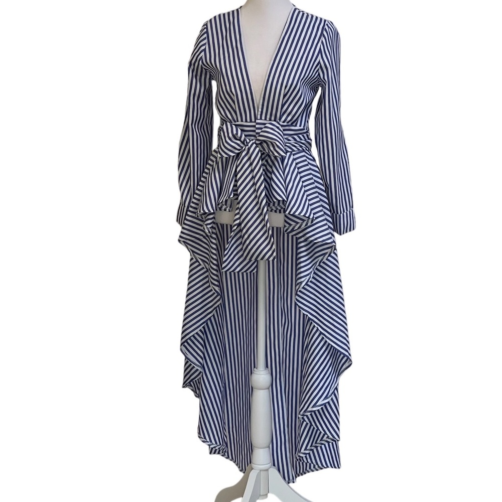 CBR Duster Top Sz S Hi Low Asymmetrical Maxi Dress Shirt Blue White Stripes